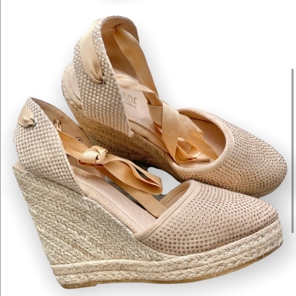 Catherine Malandrino Zavey woven platform espadrilles rhinestone size 8 neutral - Picture 2 of 9